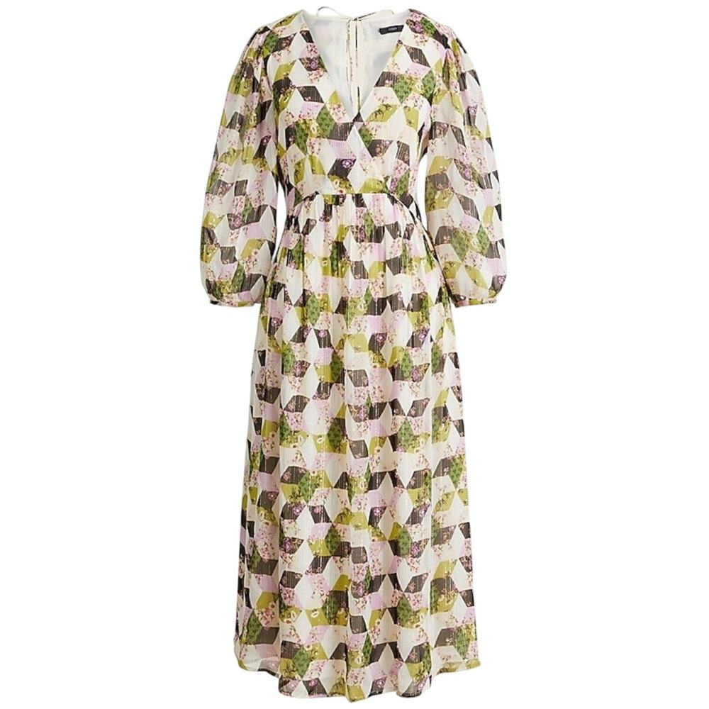 J. Crew | Geometric Floral Midi Dress in Green, Pink, Cream